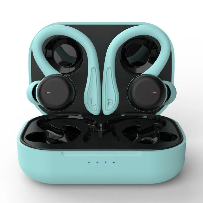 True wireless sport headphones with hanging ear design and removable ear hooks in black, blue, pink, red, and white
