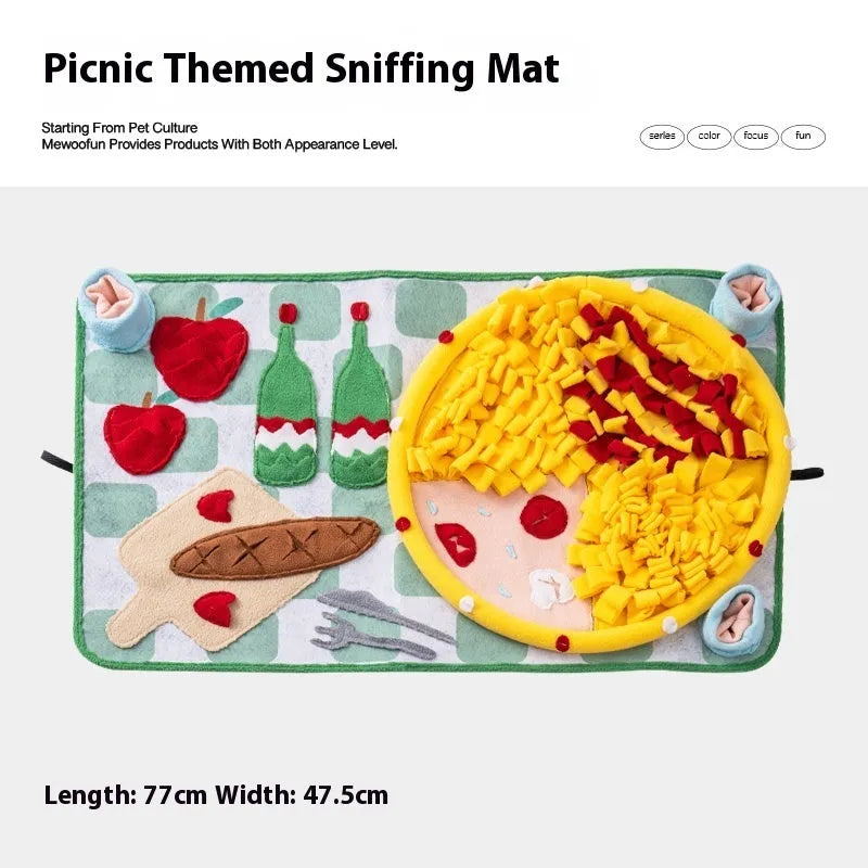 Plastic fabric dog sniffing mat with themed design for treat hiding and canine enrichment