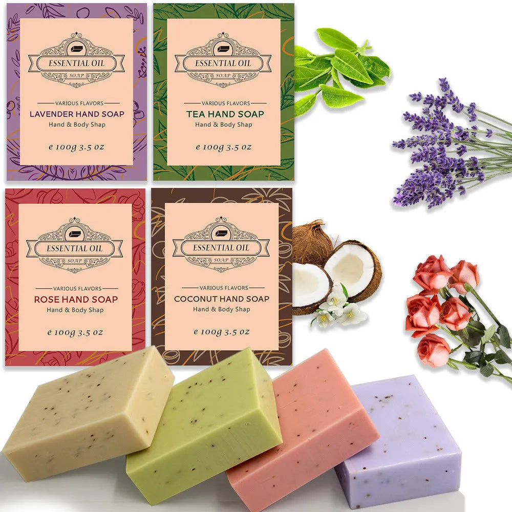 Handmade plant essential oil soap bar with frosted texture showing coconut green tea lavender rose scent options