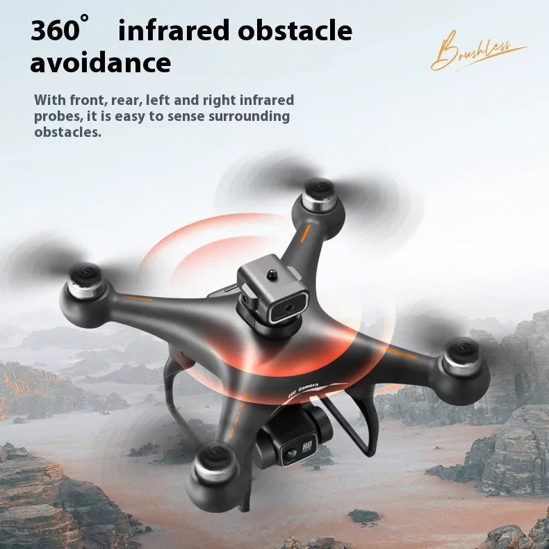 Black and white plastic brushless UAV drone with four obstacle avoidance sensors and a camera.