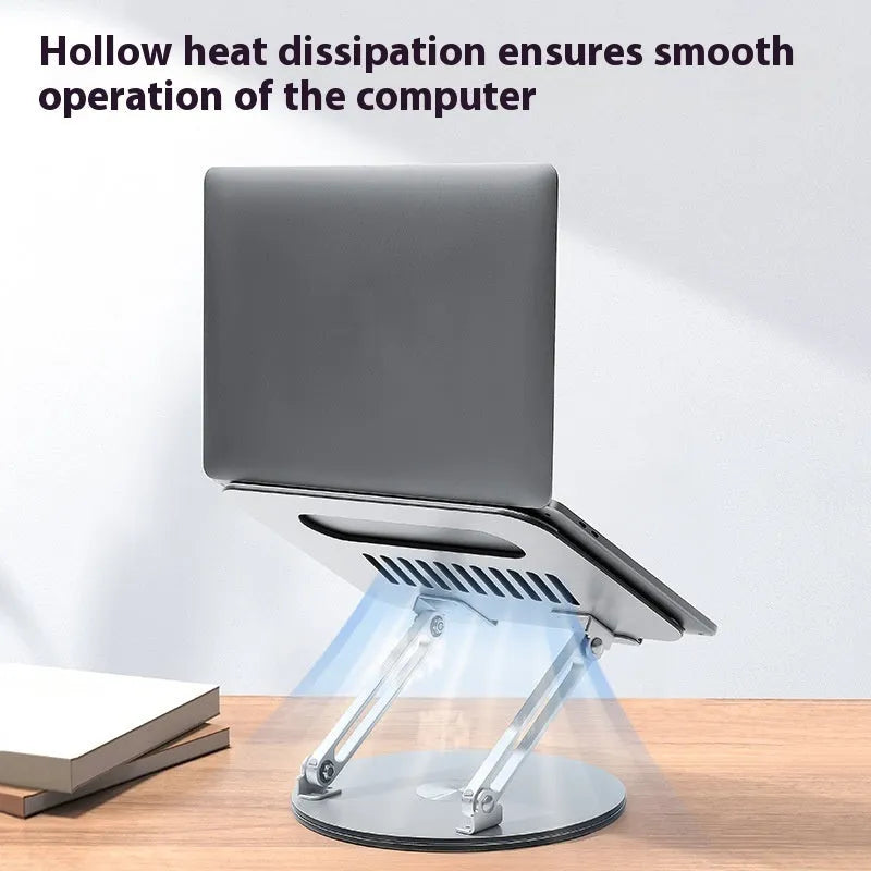 Silver aluminium laptop stand with height adjustment mechanism shown in folded and extended positions