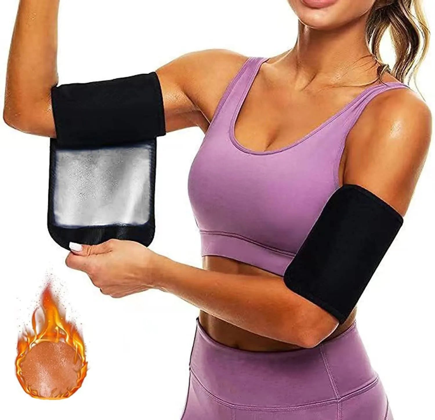 Adjustable arm compression sweatband in blue with hook-and-loop closure, worn on forearm.