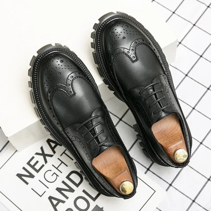 Men's black and brown business brogue shoes with round toe design and artificial leather construction