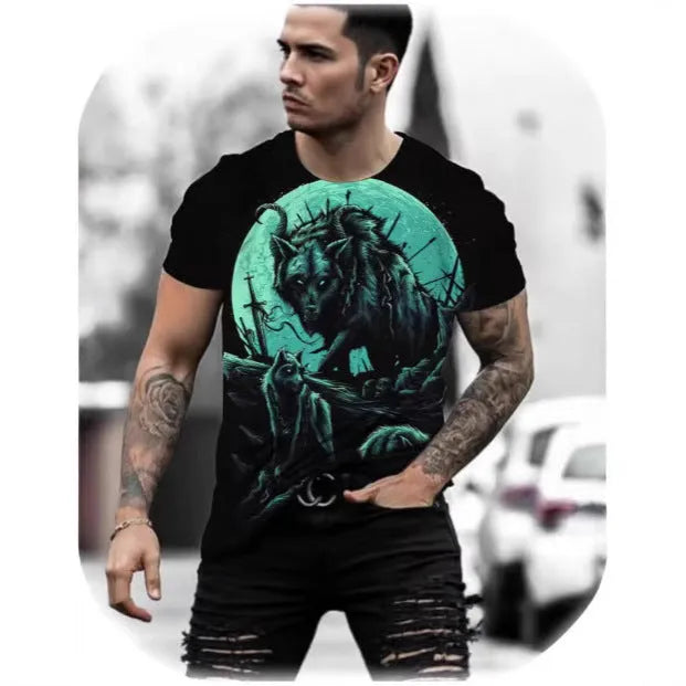 Retro 3D animal graphic printed on a men's short sleeve grey t-shirt.