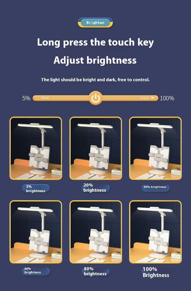 Adjustable black desk lamp with gooseneck arm and clamp, showing three light colour temperature settings.
