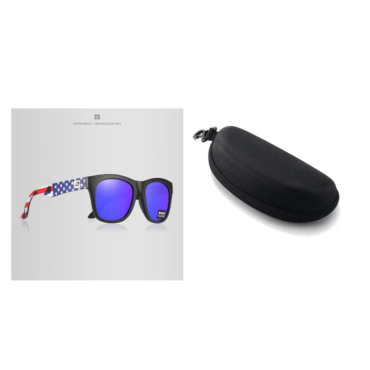 Polarised sunglasses with TAC lenses and PC frame for outdoor driving and fishing.