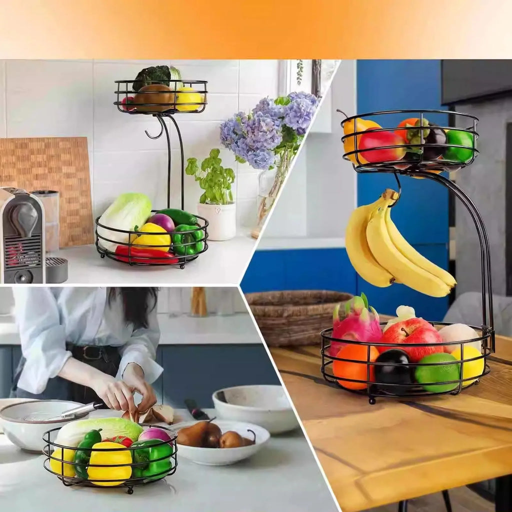 Double-layer black wrought iron fruit basket with open-weave design for produce storage