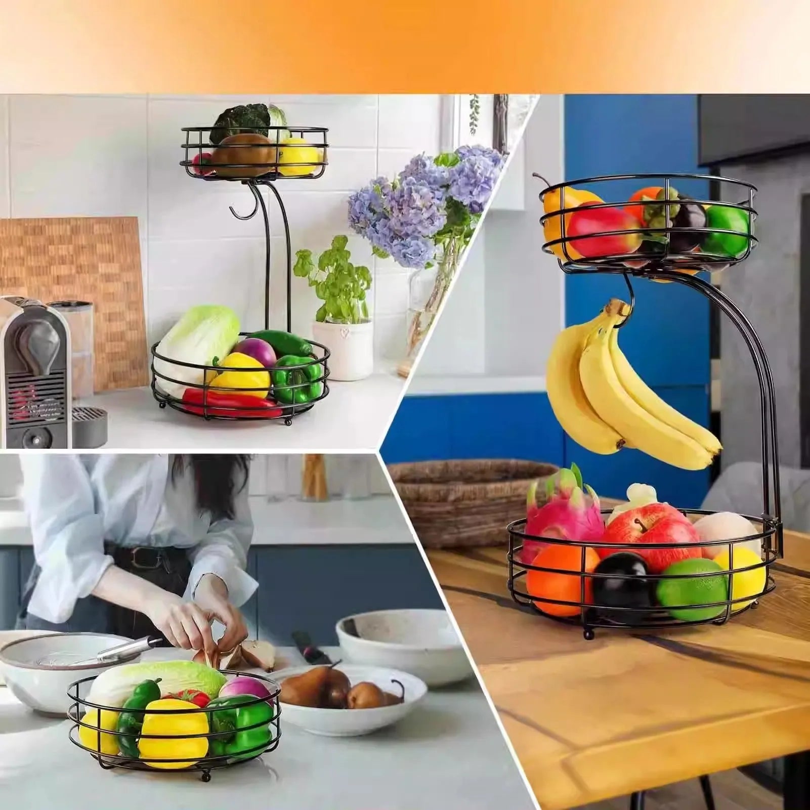 Double-layer black wrought iron fruit basket with open-weave design for produce storage