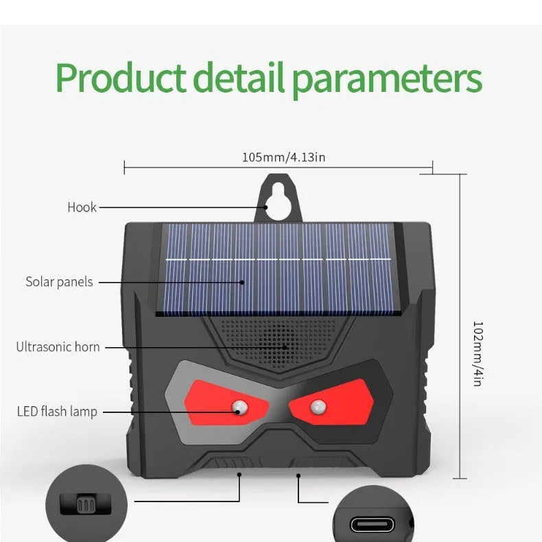 Black solar-powered ultrasonic animal repeller for garden and yard protection