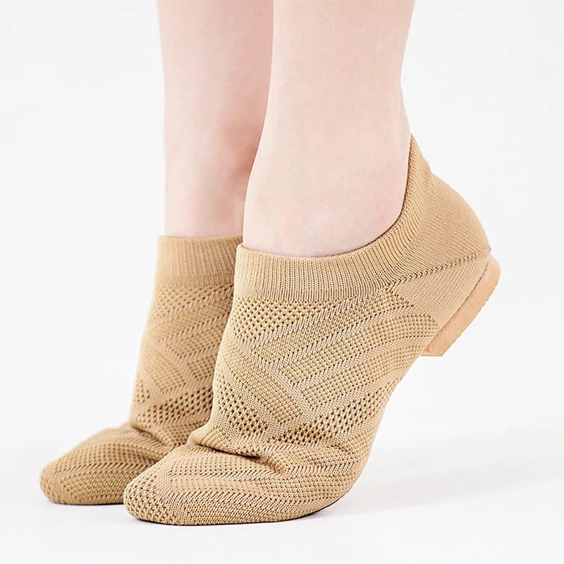 Camel coloured Latin dance shoes with cotton mesh upper and leather sole for unisex adult wear