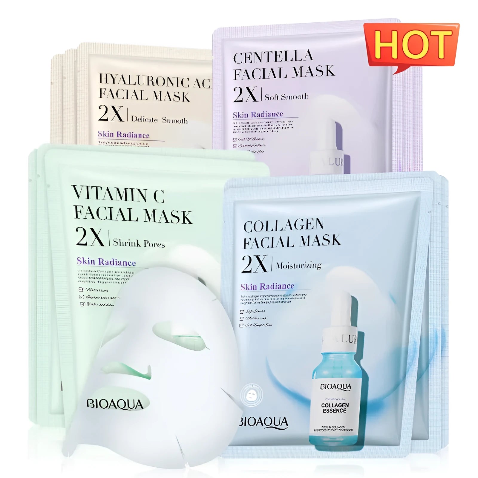 Single collagen facial sheet mask with 30g of clear gel on white background.