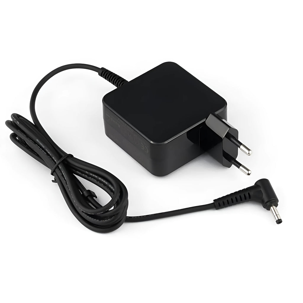 Black 45W laptop power adapter and cable with choice of US or EU plug, showing compact dimensions.