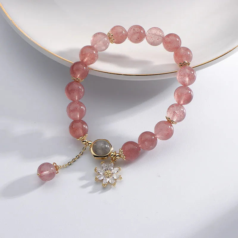 Korean style strawberry quartz crystal bracelet with electroplated floral decorations in Mori aesthetic design