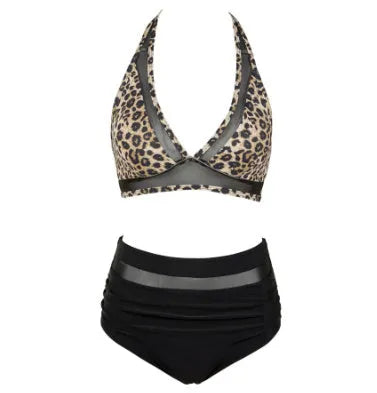 Women's black polyester split bikini swimsuit with briefs style on size chart background