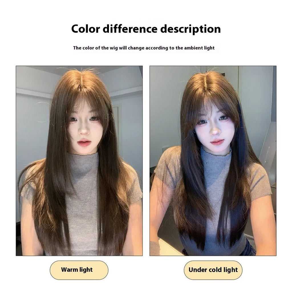 Cold brown layered long straight full-head wig with lace front design