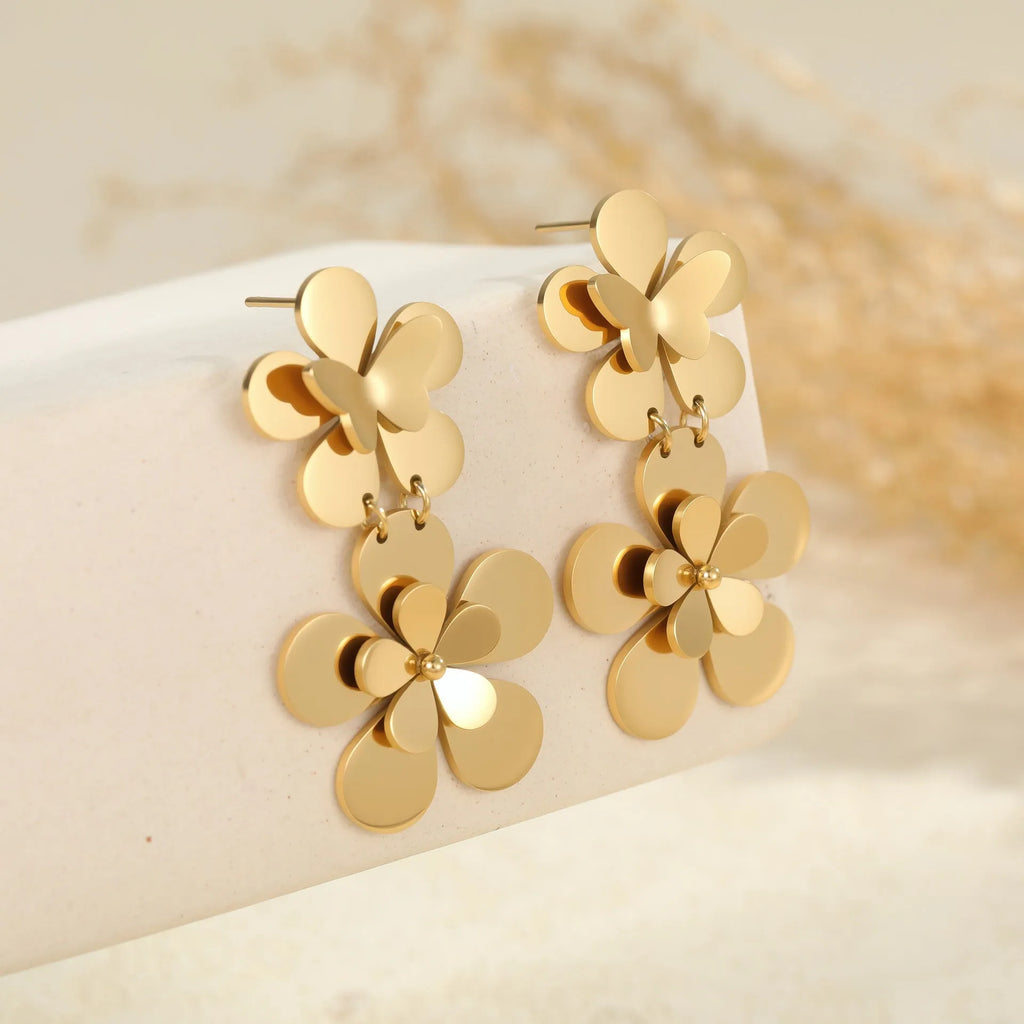 Gold flower butterfly stainless steel earrings for women with geometric details