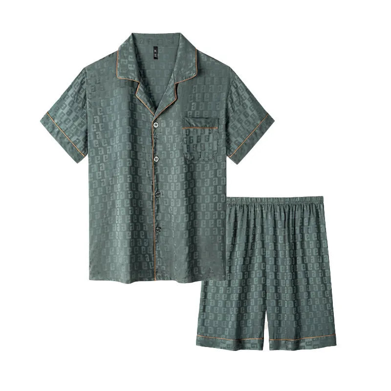 Men's artificial silk cardigan pajama set in satin jacquard plaid pattern with shorts