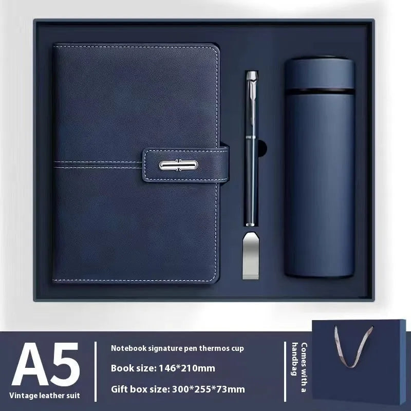 A5 notebook with PU leather cover in choice of colour, shown open on wood-free paper pages.