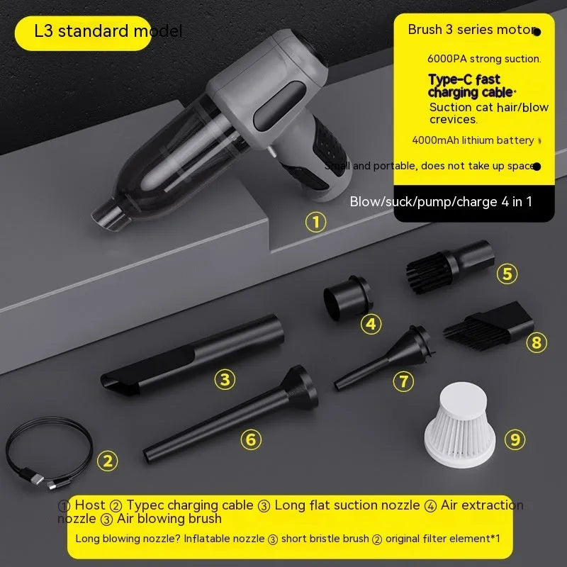 Handheld car vacuum cleaner with nozzle attachments in black, white, or grey colours