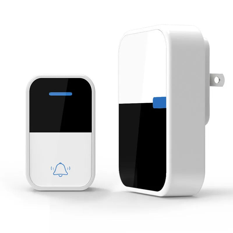 White self-generating wireless doorbell kit with plug-in receiver and compact outdoor transmitter.