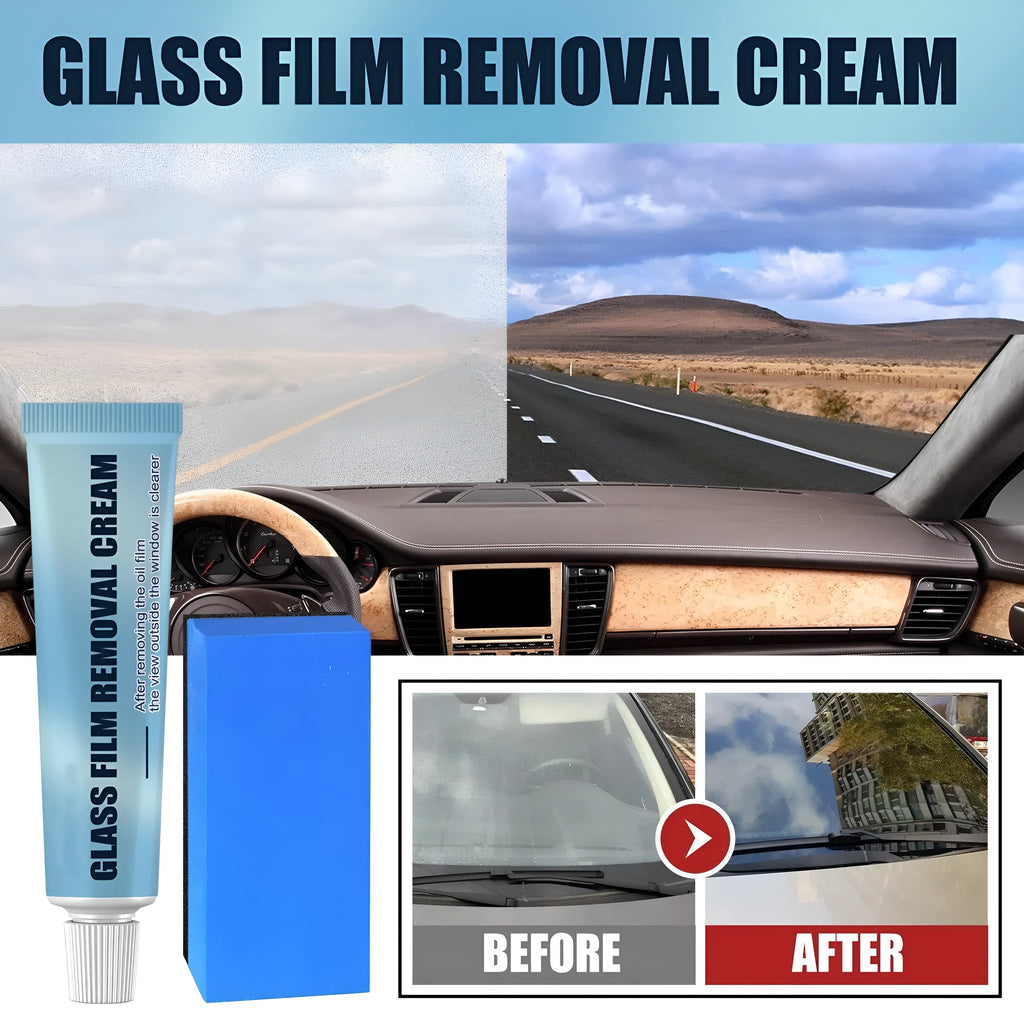 Blue car glass oil film remover bottle with soft sponge applicator