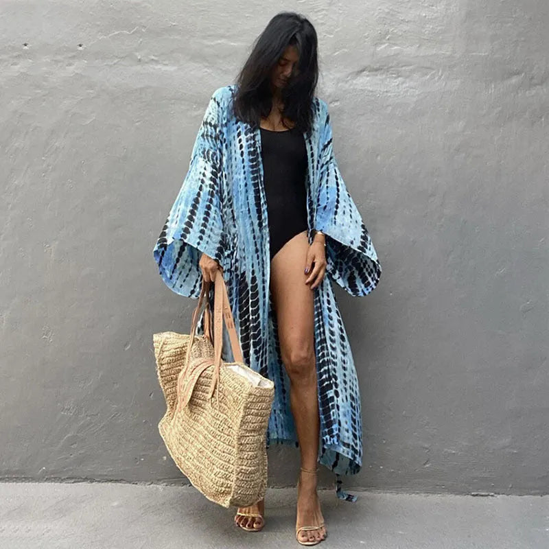 Printed loose-fit cotton beach cover-up shirt for sun protection over swimwear