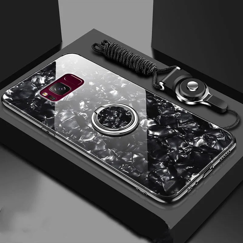 Tempered glass phone case for Samsung S8 and S9 in black, pink, red, and white colours.