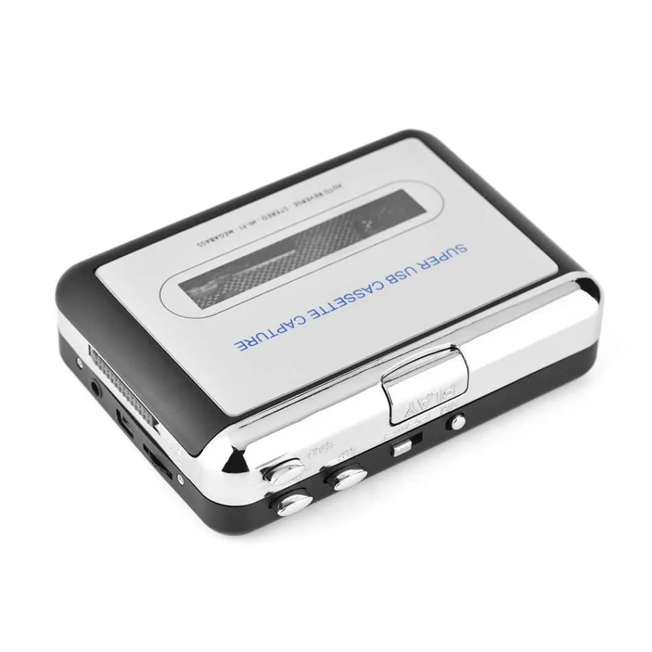 Silver USB cassette to MP3 converter player with digital display and USB cable