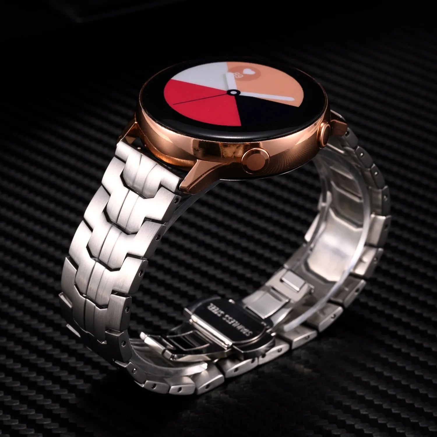 Stainless steel watch strap for Samsung Galaxy Watch in silver, showing business-style full band design.