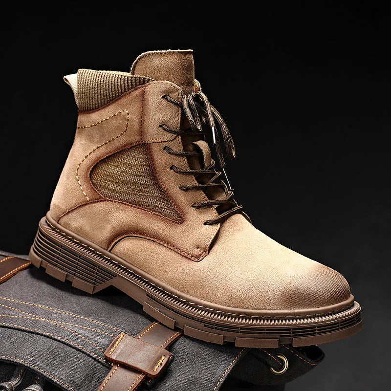 Men's ankle-high Martin boots in frosted sand leather with thick rubber sole and round toe.