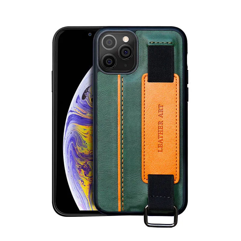 Imitation leather wristband phone case for iPhone with stretchable strap in brown colour