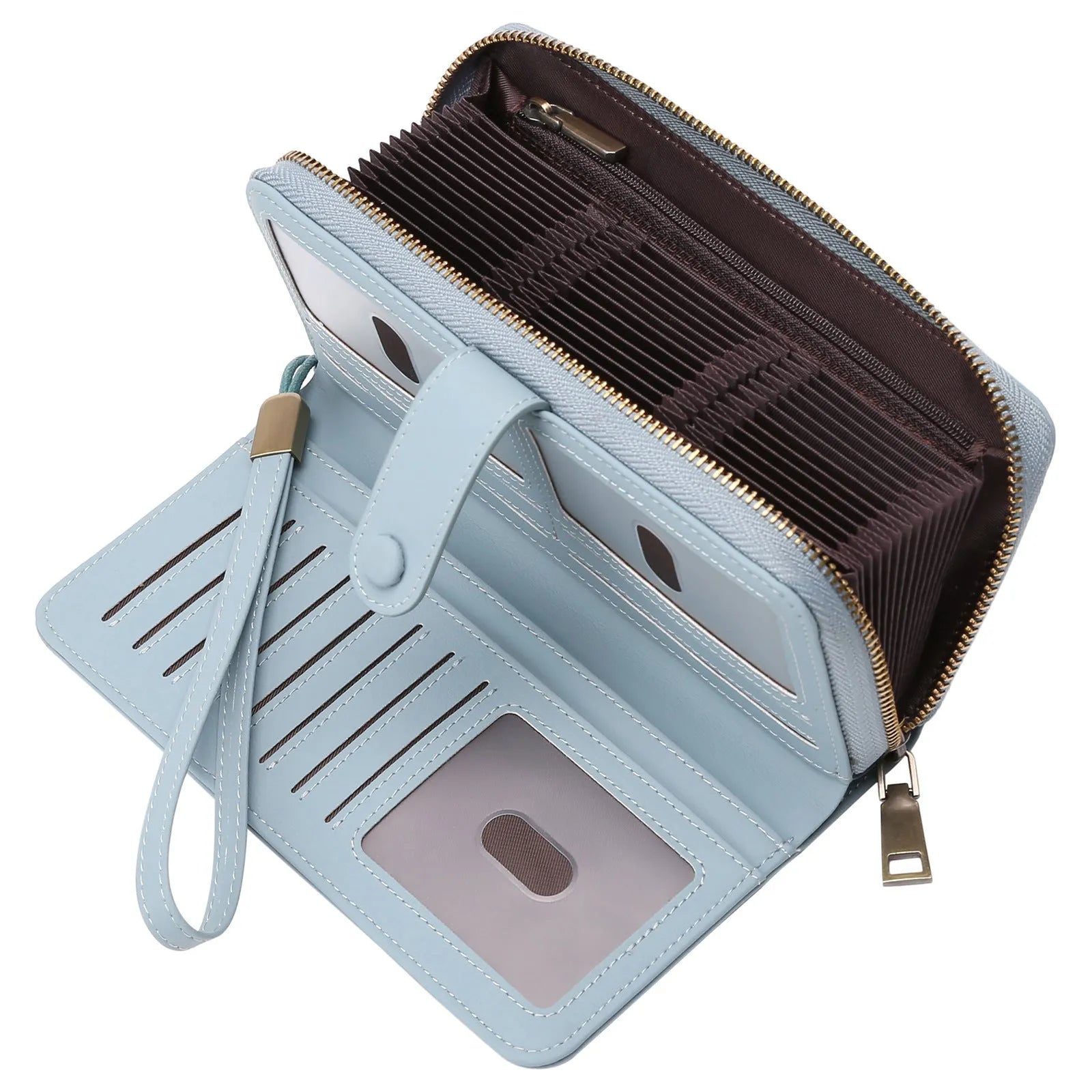 Light brown expanding card holder wallet for women showing multiple card slots and anti-theft swiping feature.