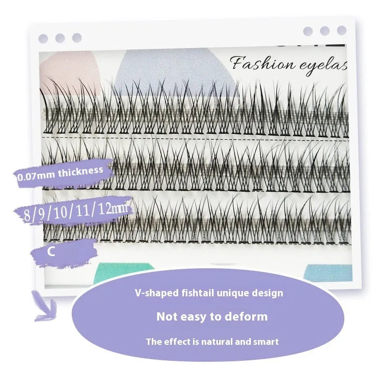 Black V-shaped fairy fishtail false eyelashes with thick segments in natural long style