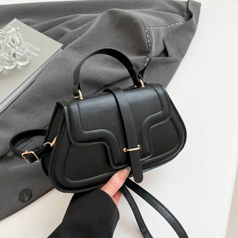 Fashion simple shoulder bag in black, horizontal square PU with sewing thread detail and single strap