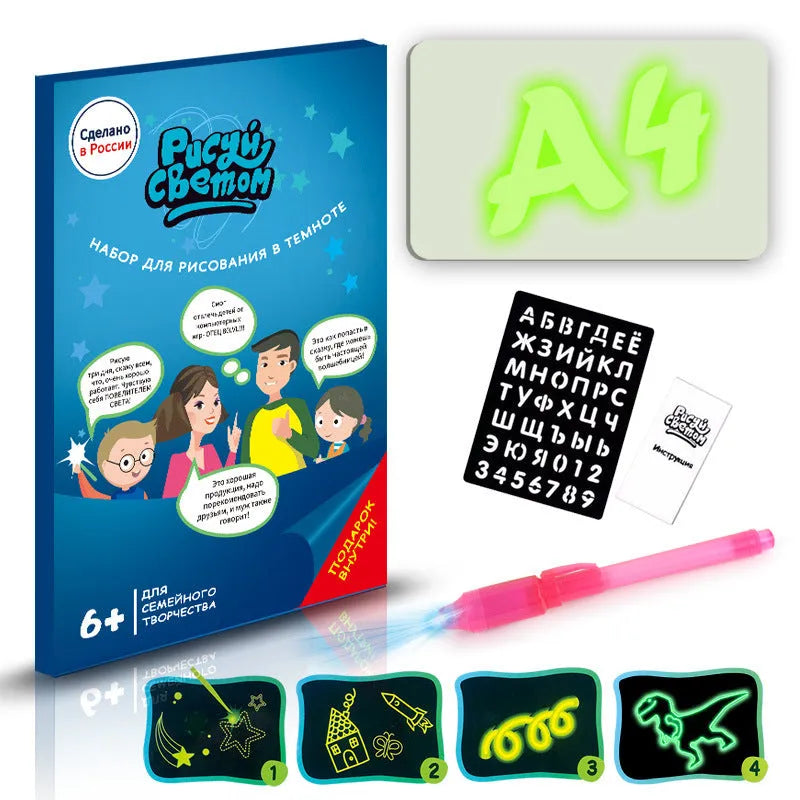 Educational drawing pad with light-accumulating coating, flashlight marker, and alphabet template for children aged 4-6.