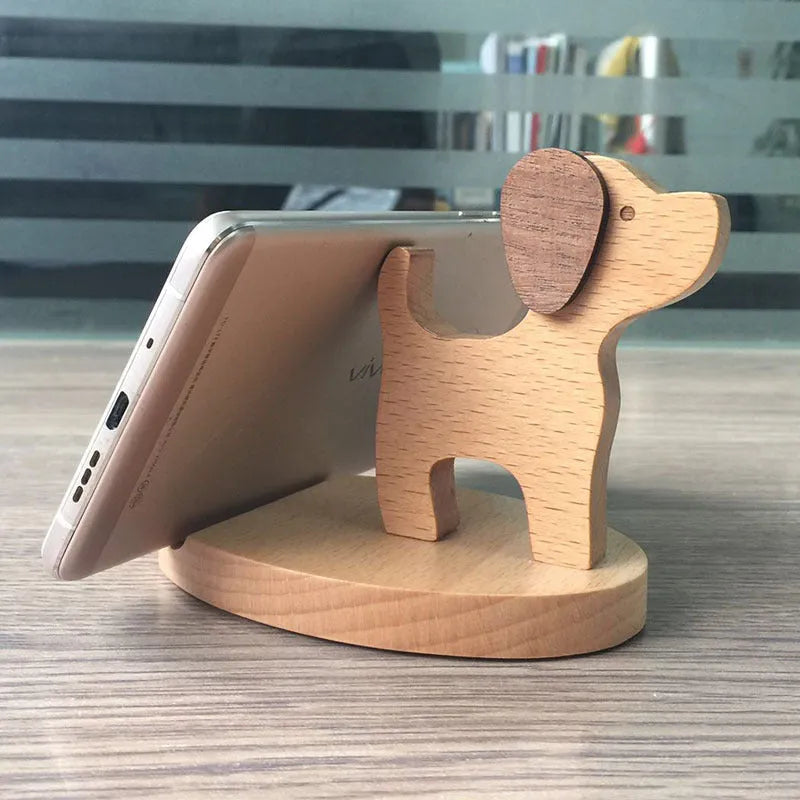 Handcrafted beech wood and resin lazy bracket mobile phone holder on a wooden desk