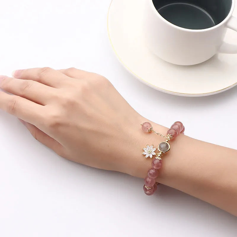 Korean style strawberry quartz crystal bracelet with electroplated floral decorations in Mori aesthetic design