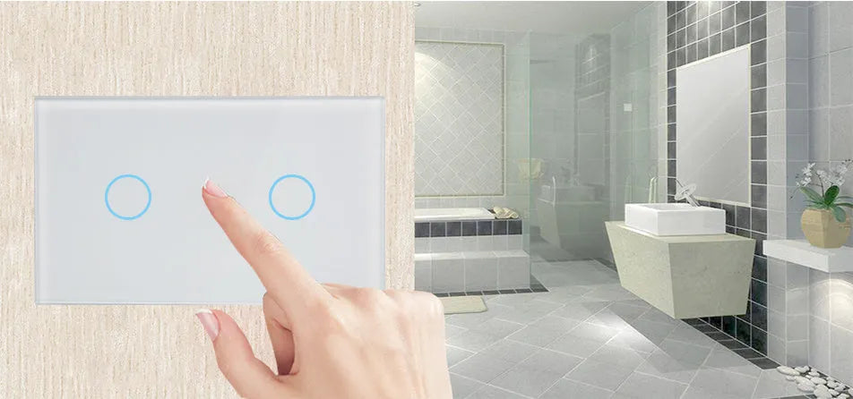 White tempered glass touch light switch with 2-gang control and red/blue LED indicators