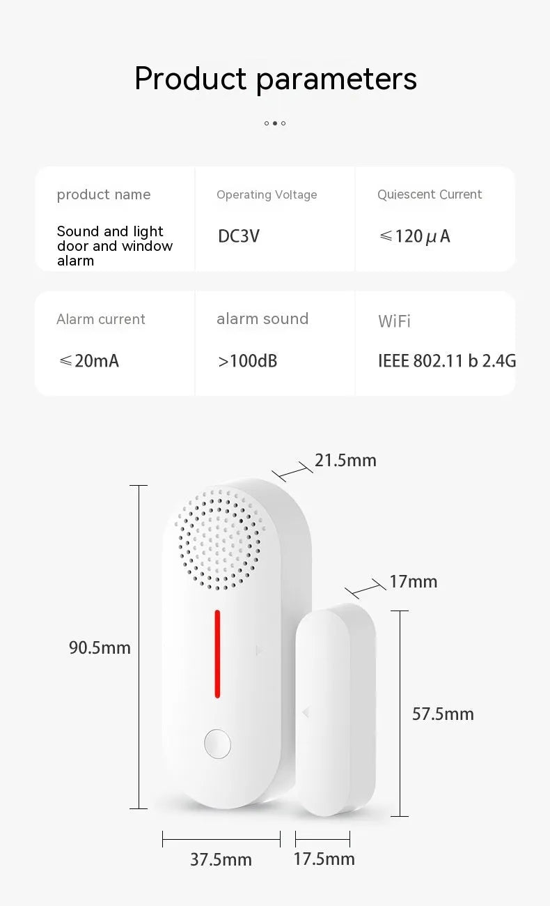 WiFi door magnetic sensor alarm unit for home security with acousto-optic alert.