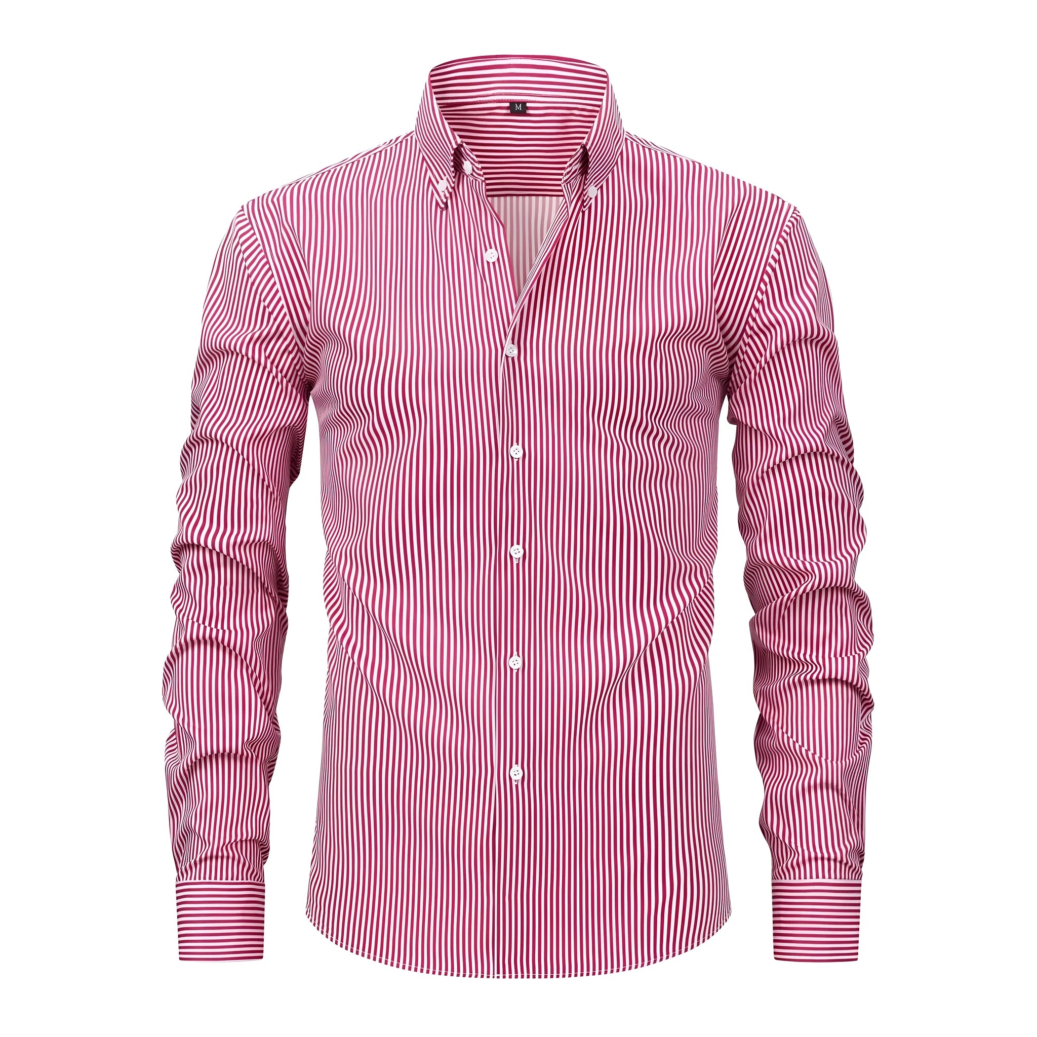 A striped non-ironing men's long-sleeved business shirt with a lapel collar.