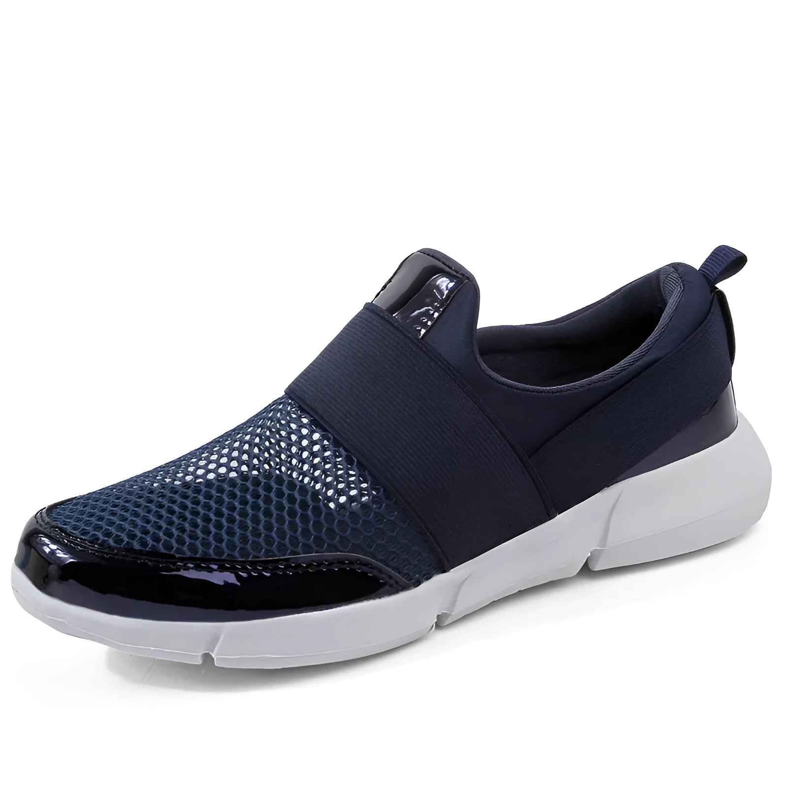 Blue, black, and grey women's lightweight sneakers with mesh lining and low-tube design.