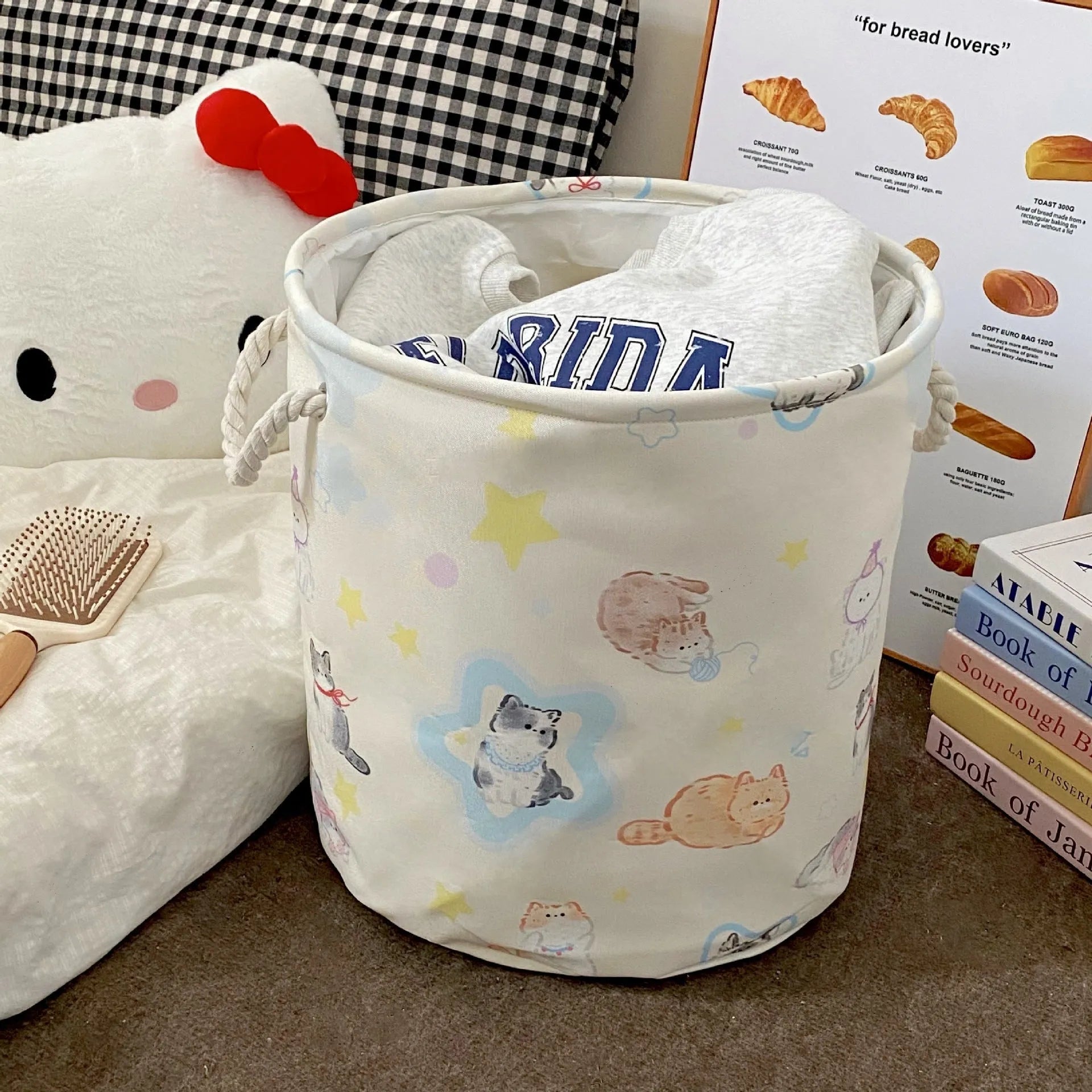 Foldable laundry basket with decorative removable cotton cover in choice of 12 patterns