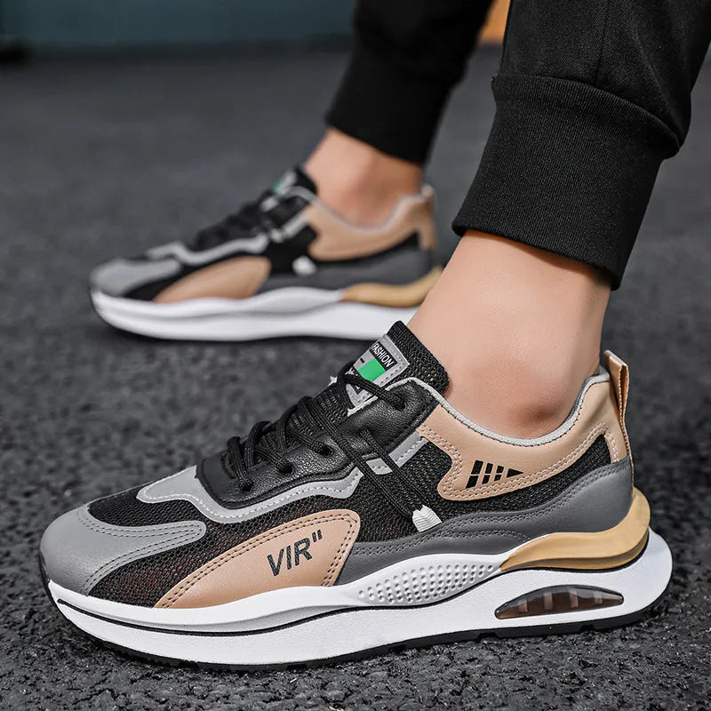 Men's grey mesh running shoes with round toe and lightweight sole for jogging