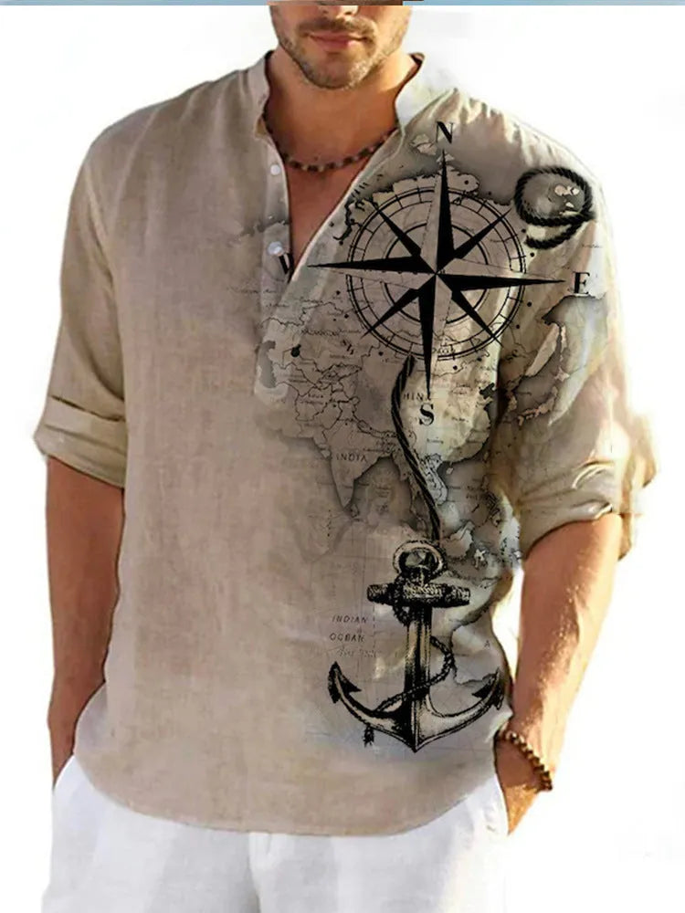 Man wearing a thin, striped long sleeve Hawaiian-style casual shirt in lilac.