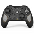 Black wireless game controller with leather-pattern texture on grips, showing analogue sticks and buttons.