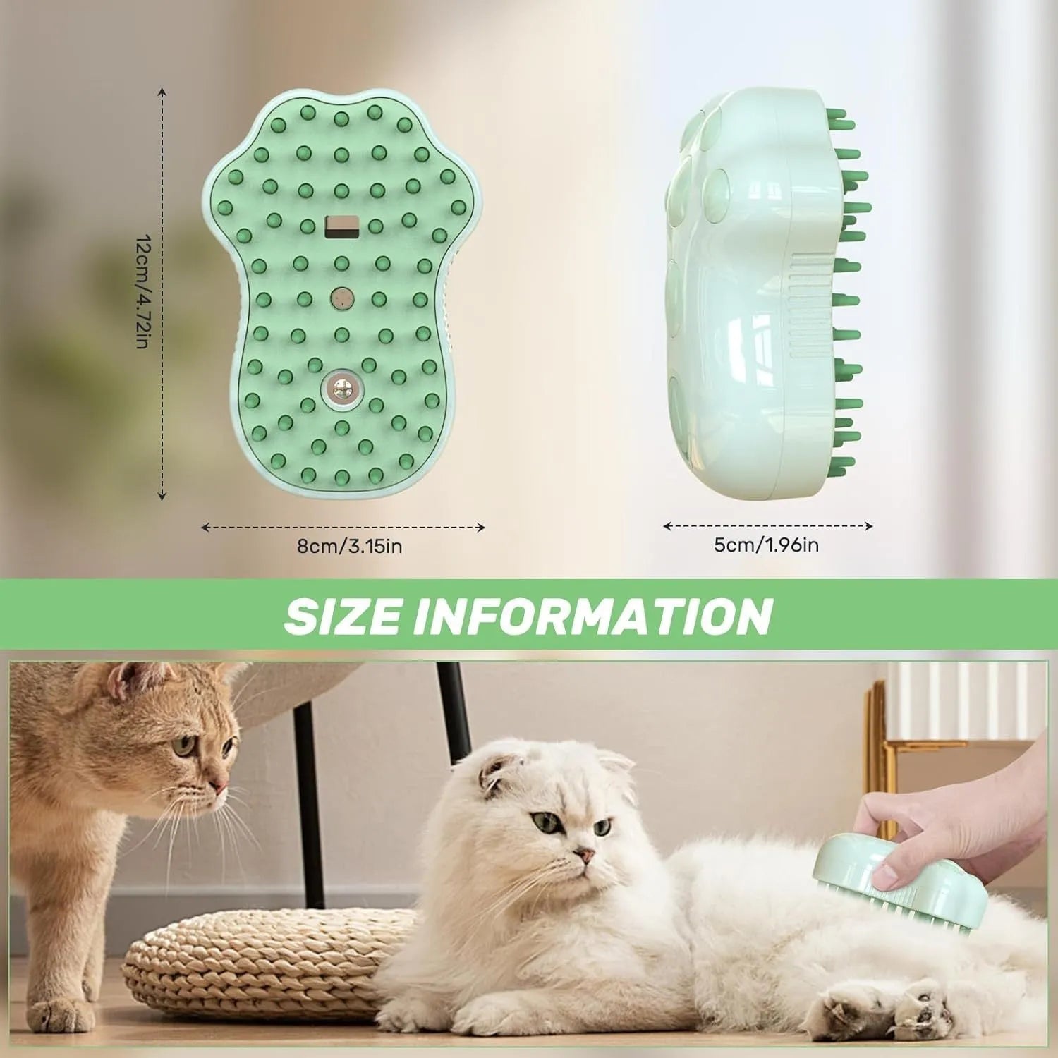 Blue self-cleaning cat steam brush with silicone bristles and a water spray nozzle.