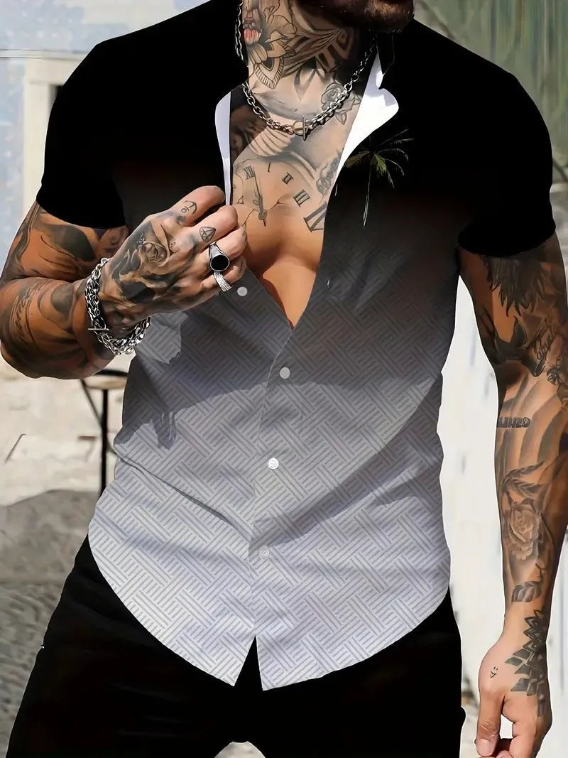 Men's slim fit short sleeve shirt with geometric line printing on the lapel, cardigan style, in a light colour.