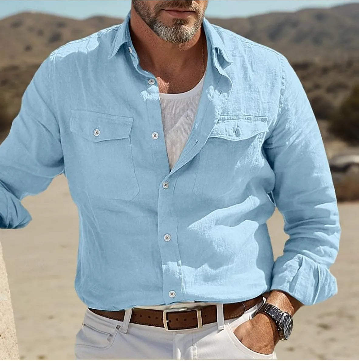 Men's loose fit long sleeve cotton linen summer shirt in green, showing casual design details