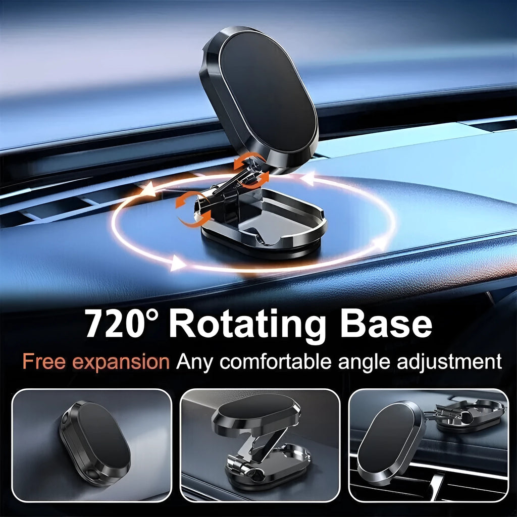Chrome magnetic car phone holder with foldable bracket in extended and collapsed positions