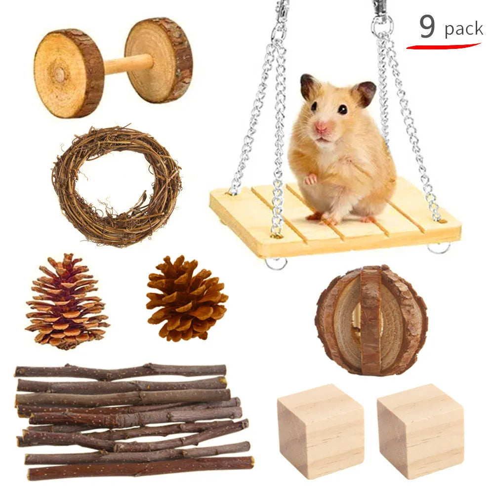 Assortment of natural wooden and woven grass chew toys for small pets like rabbits and guinea pigs